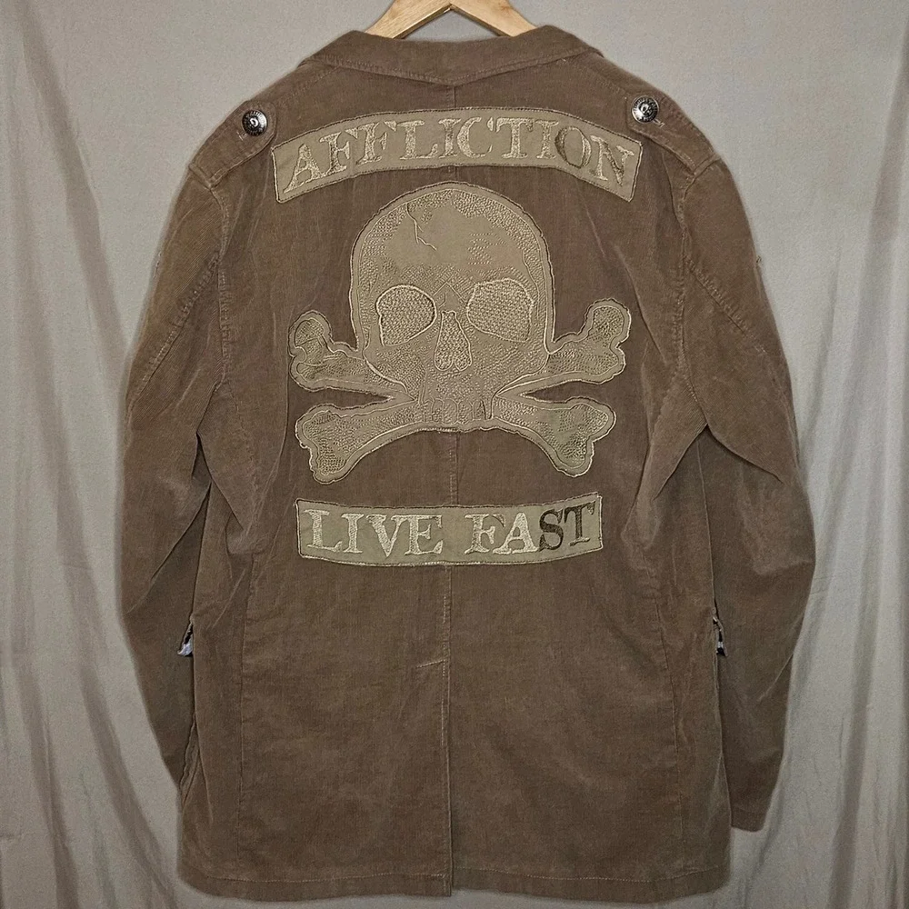 Affliction Mens Corduroy Blazer Jacket Skull Patches Lined - Picture 3 of 6